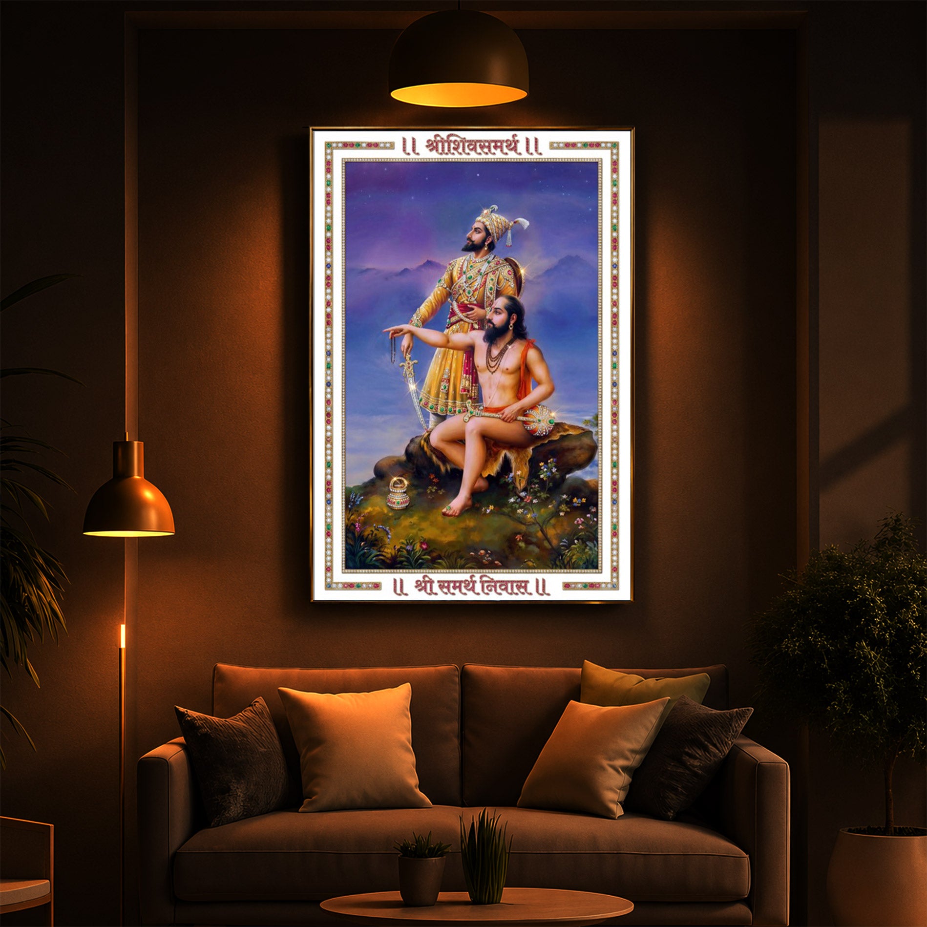 Samarth Ramdas Swami and Shivaji Maharaj Modern Luxury Backlight Vertical Wall Art
