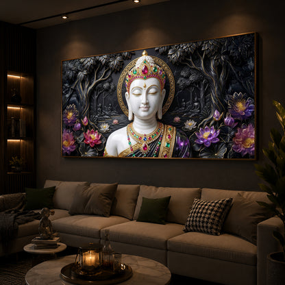 Lotus Serenity Lord Buddha Modern Luxury Backlight Horizontal Wall Art
