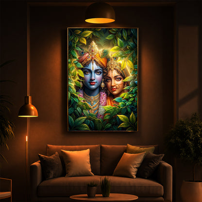 Lord Radha Krishna With Nature Modern Luxury Backlight Vertical Wall Art