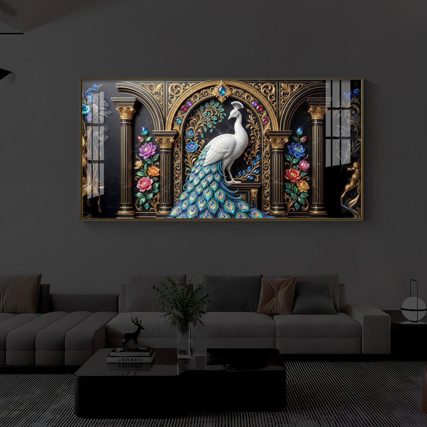 White Peacock Against A Dark Modern Luxury Backlight Horizontal Wall Art
