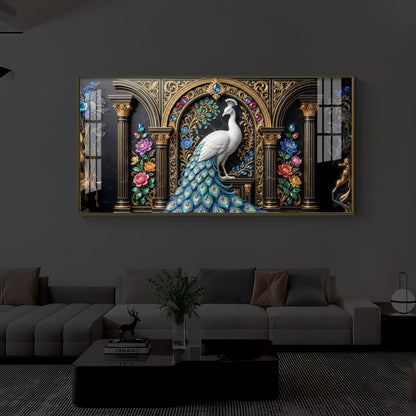 White Peacock Against A Dark Modern Luxury Backlight Horizontal Wall Art
