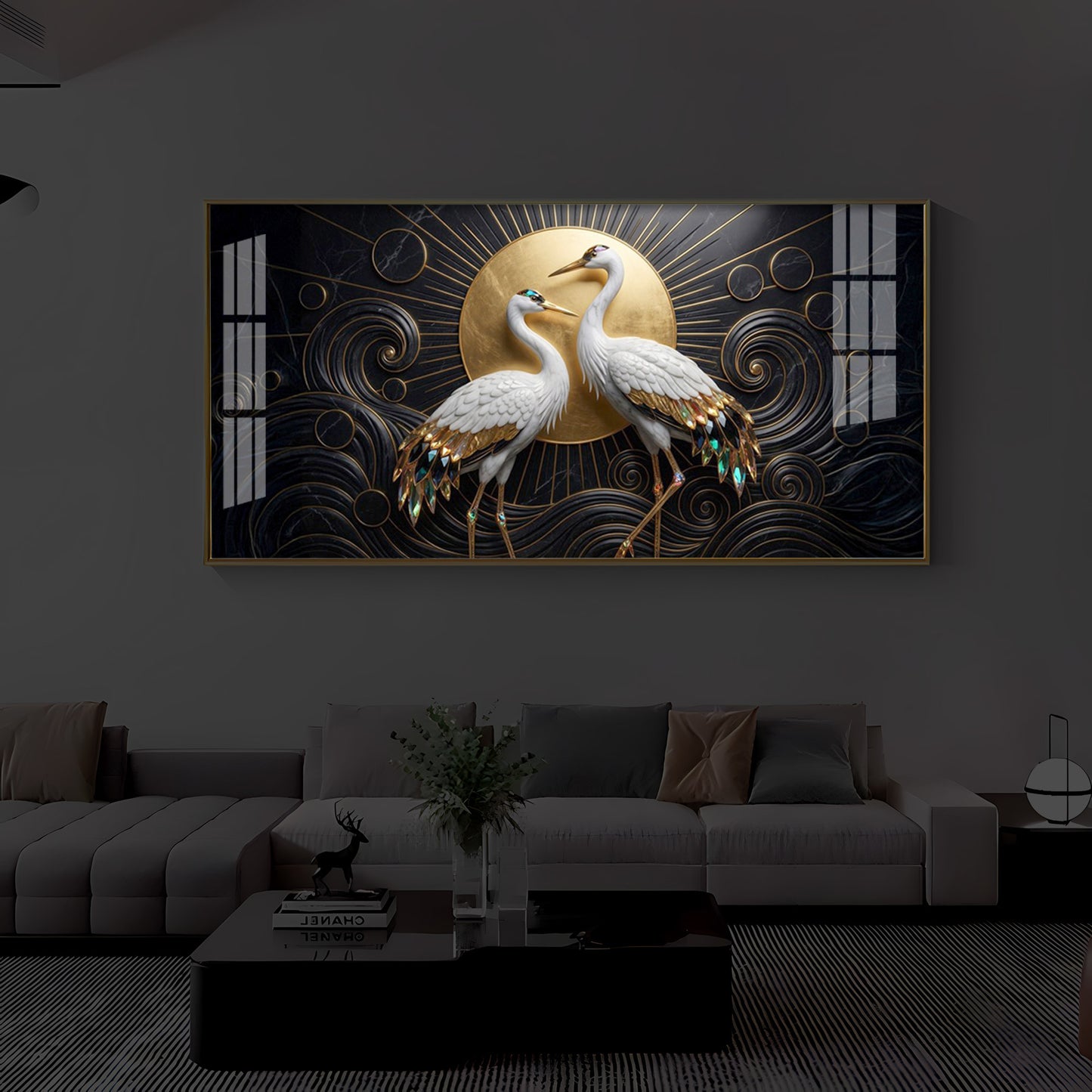 White Crane Modern Luxury Backlight Horizontal Wall Art