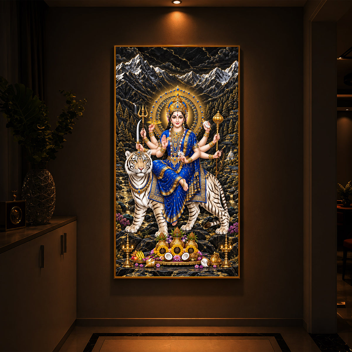Maa Durga In Blue Saree Modern Luxury Backlight Vertical Wall Art