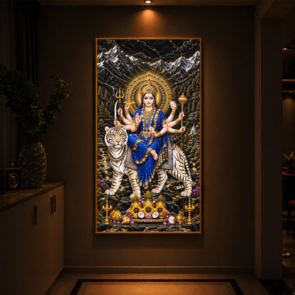 Maa Durga In Blue Saree Modern Luxury Backlight Vertical Wall Art