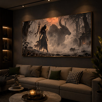 Shiva & Nandi In Forest Modern Luxury Backlight Horizontal Wall Art