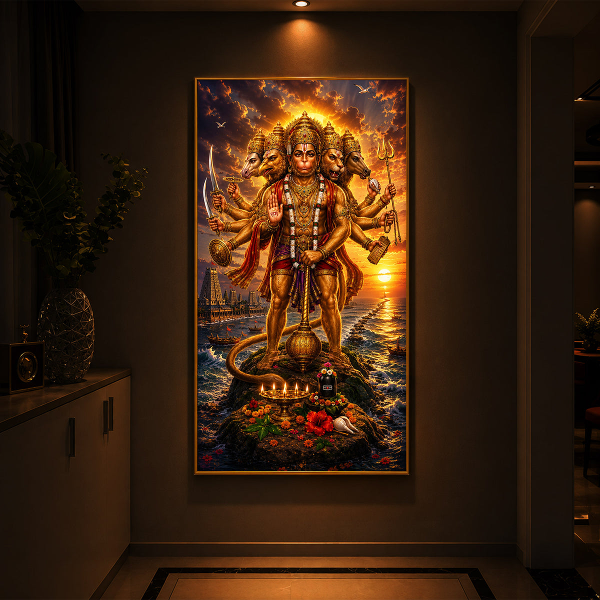 Powerful Panchmukhi Hanuman Ji Modern Luxury Backlight Vertical Wall Art