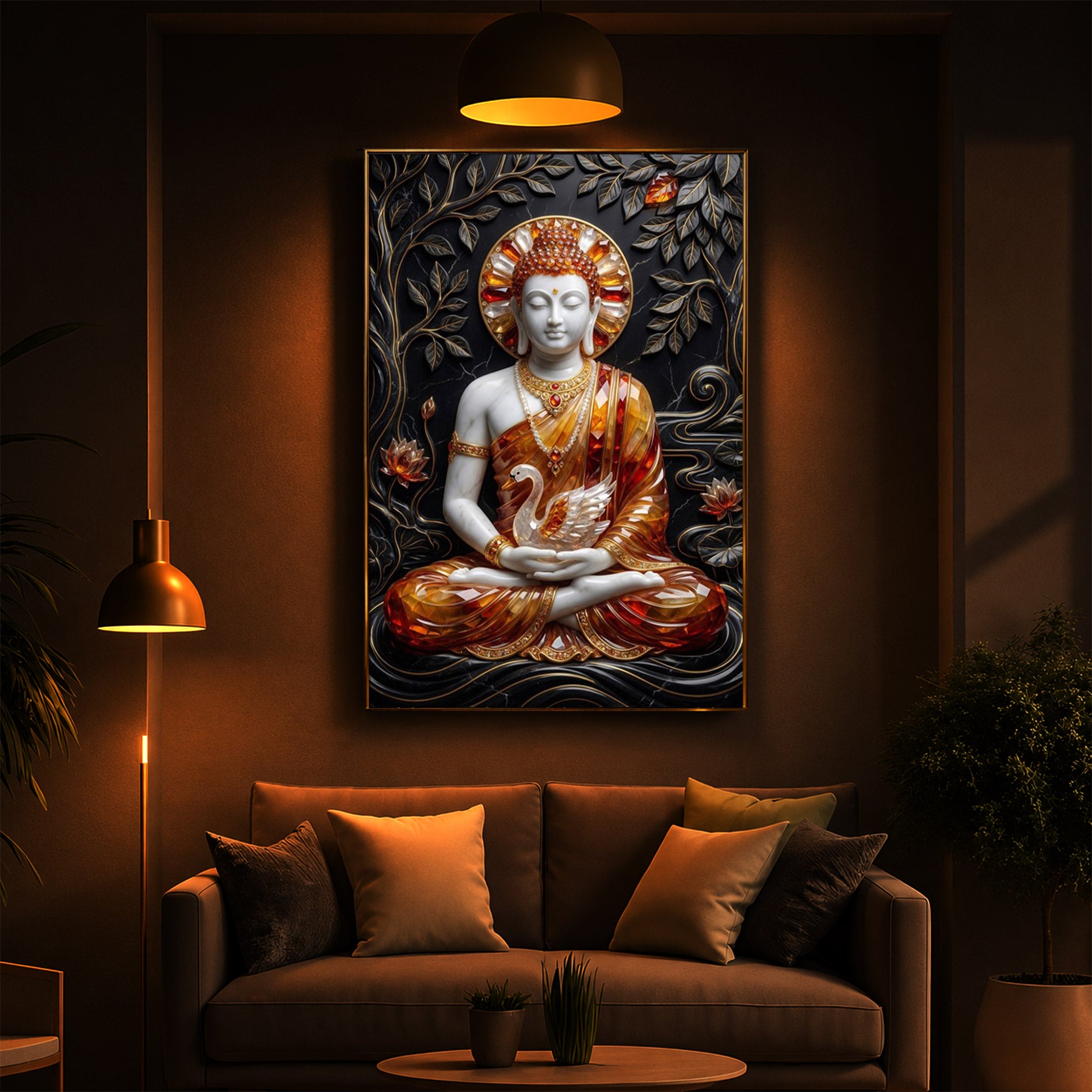 Golden Lord Buddha Modern Luxury Backlight Vertical Wall Art