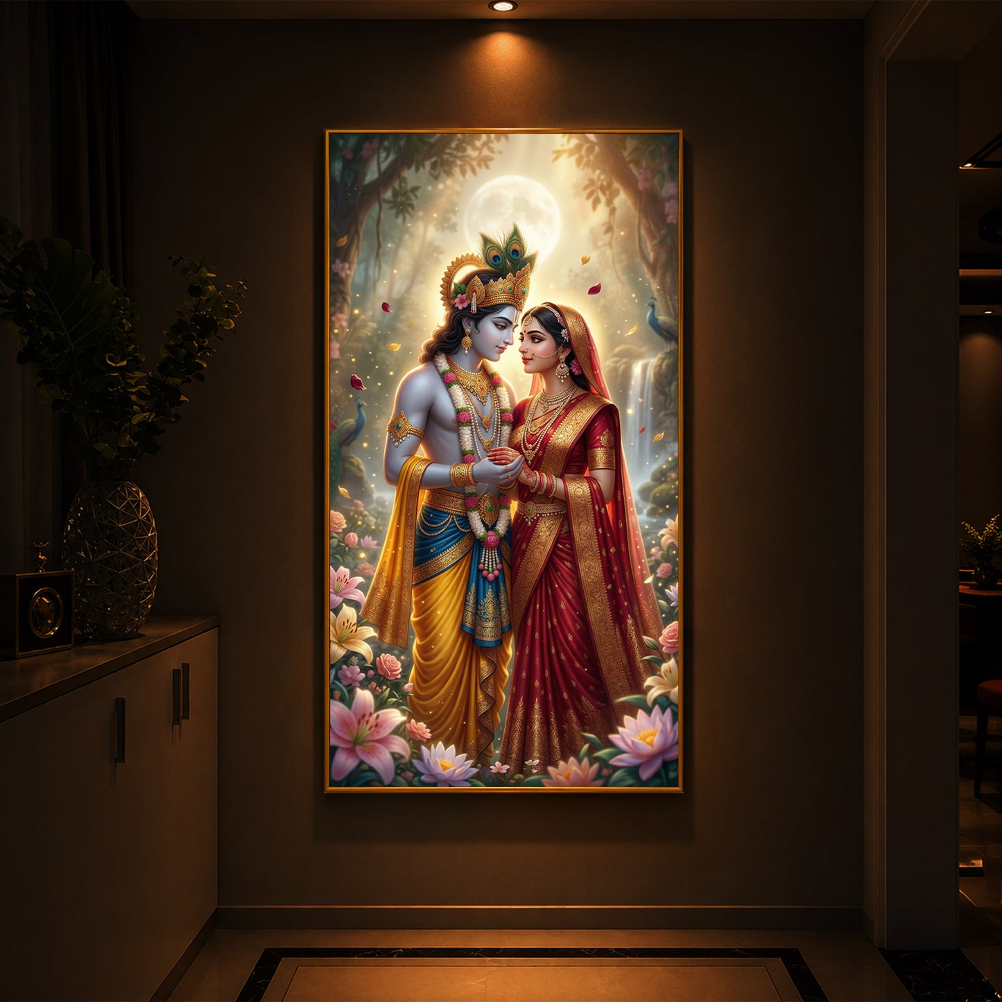 Loving Radha Krishna Ji Modern Luxury Backlight Vertical Wall Art