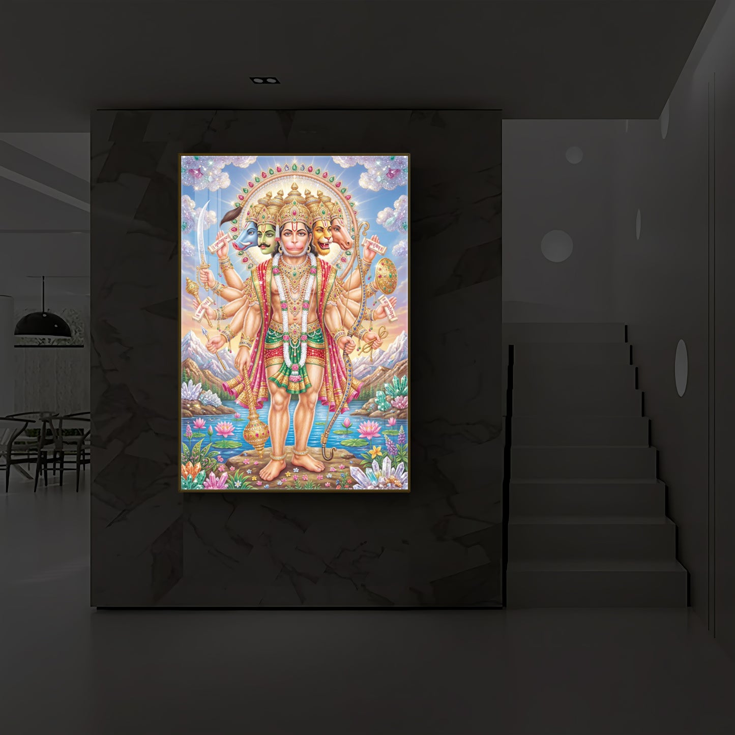 Panchmukhi Lord Hanuman Ji Modern Luxury Backlight Vertical Wall Art