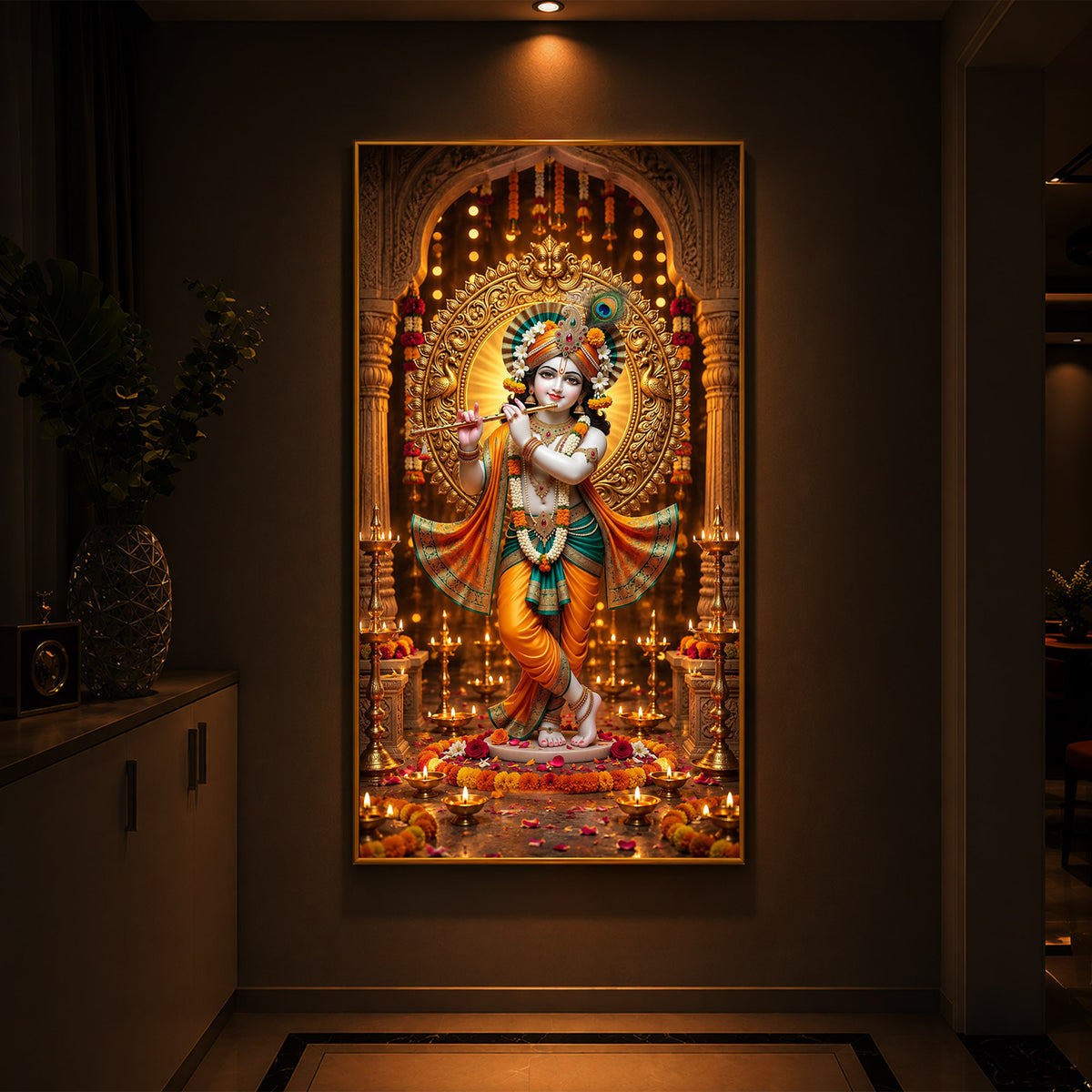 Lord Krishna Playing Flute In Standing Pose Modern Luxury Backlight Vertical Wall Art