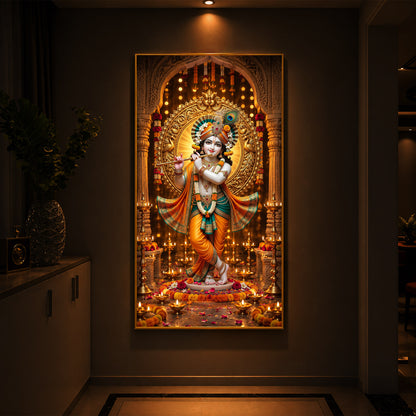 Lord Krishna Playing Flute In Standing Pose Modern Luxury Backlight Vertical Wall Art