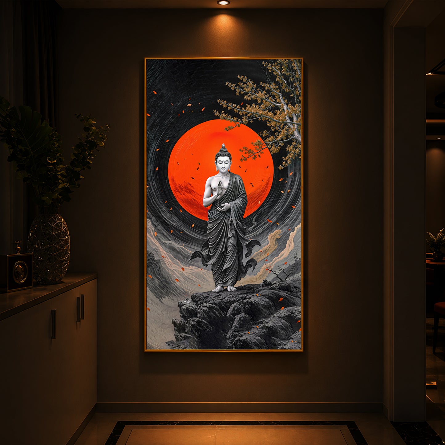 Namo Buddhay Modern Luxury Backlight Vertical Wall Art