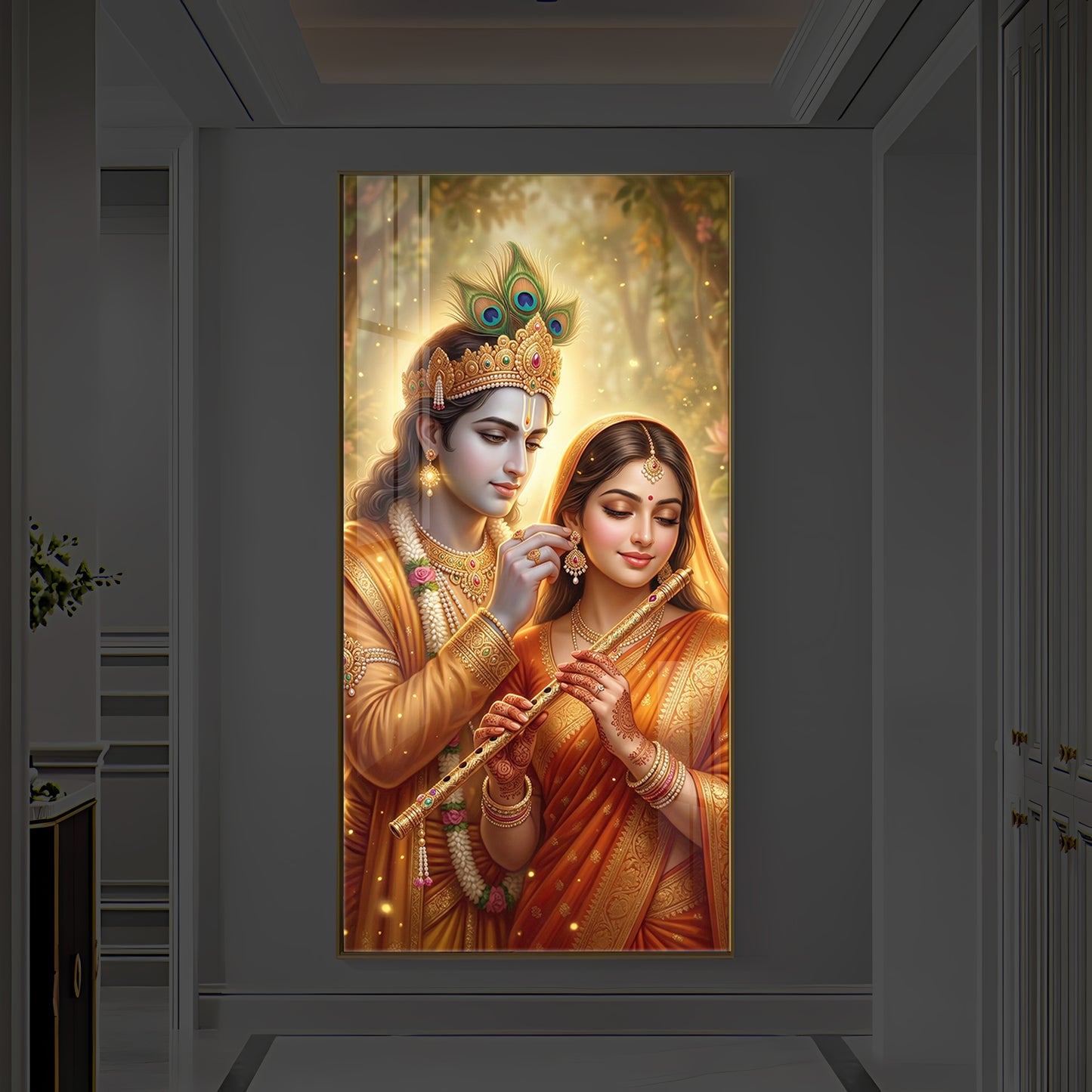 Jai Radha Krishna Modern Luxury Backlight Vertical Wall Art