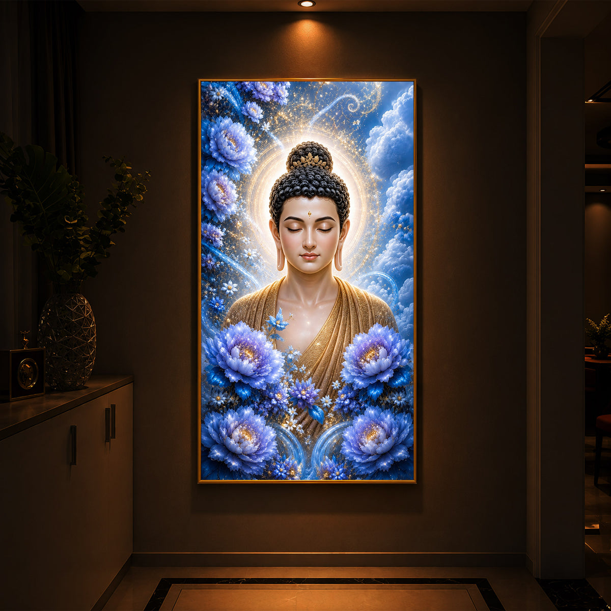 Divine Buddha Glowing Aura Modern Luxury Backlight Vertical Wall Art