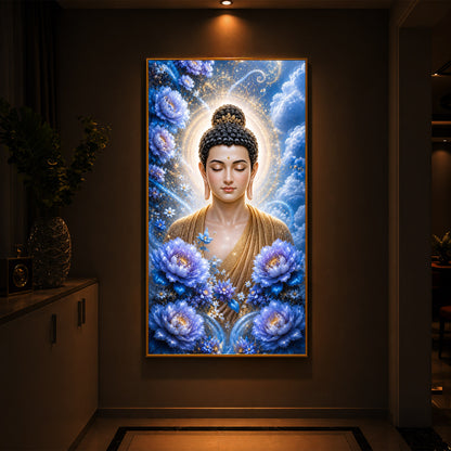 Divine Buddha Glowing Aura Modern Luxury Backlight Vertical Wall Art