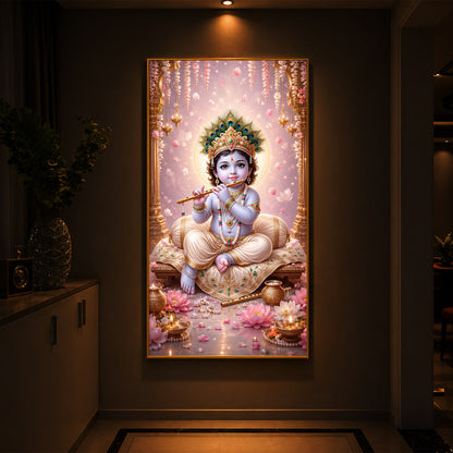 Little Laddu Gopal Playing Flute Modern Luxury Backlight Vertical Wall Art