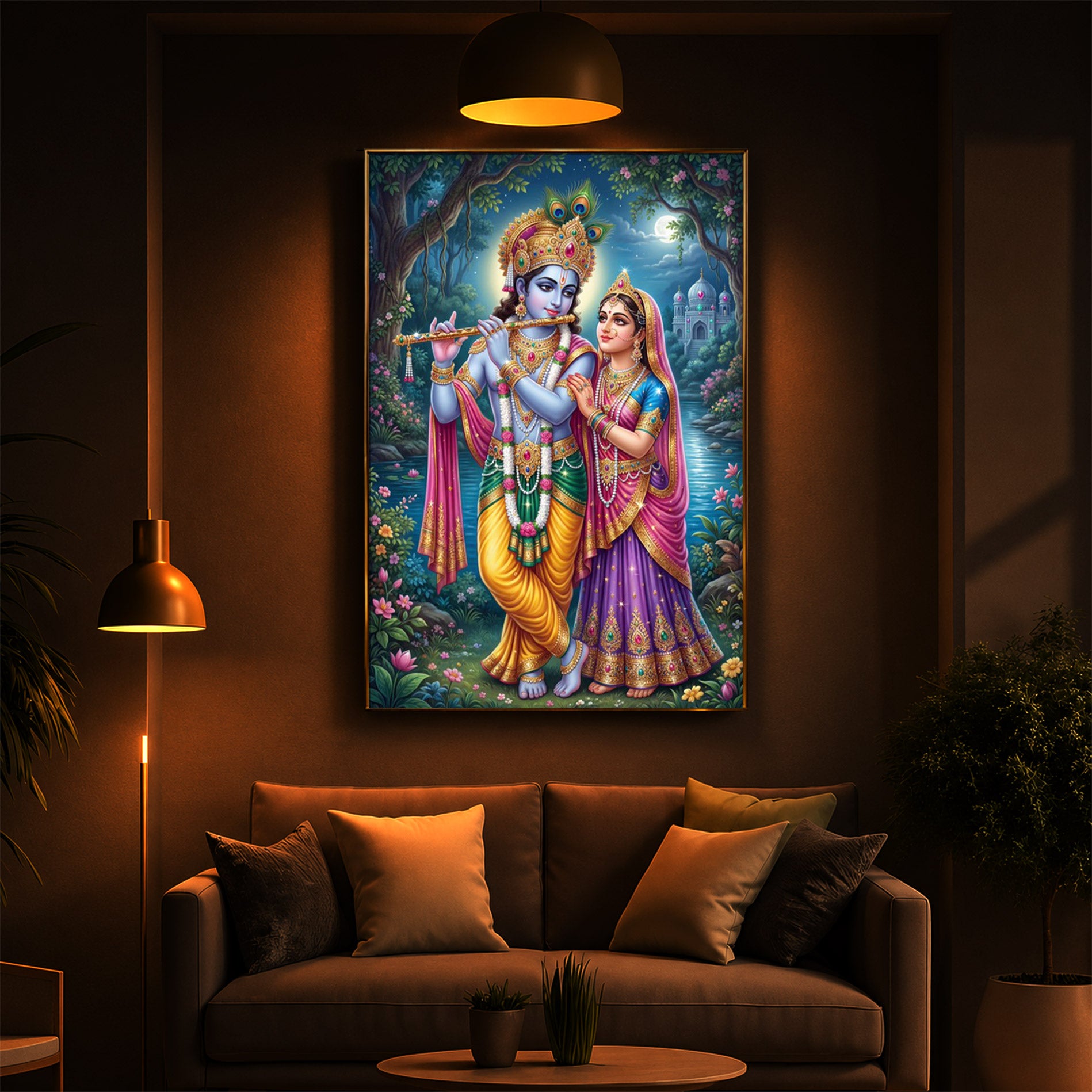 Hindu Deities Radha and Krishna Modern Luxury Backlight Vertical Wall Art