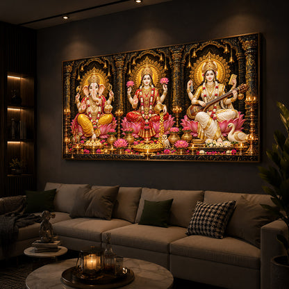 Goddess Lakshmi, Lord Ganesha and Goddess Saraswati Modern Luxury Backlight Horizontal Wall Art