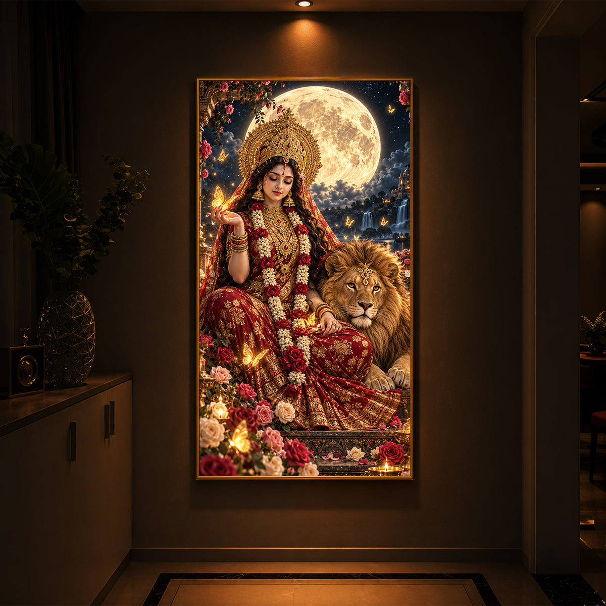 Maa Durga Moonlit Modern Luxury Backlight Vertical Wall Art
