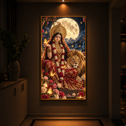 Maa Durga Moonlit Modern Luxury Backlight Vertical Wall Art