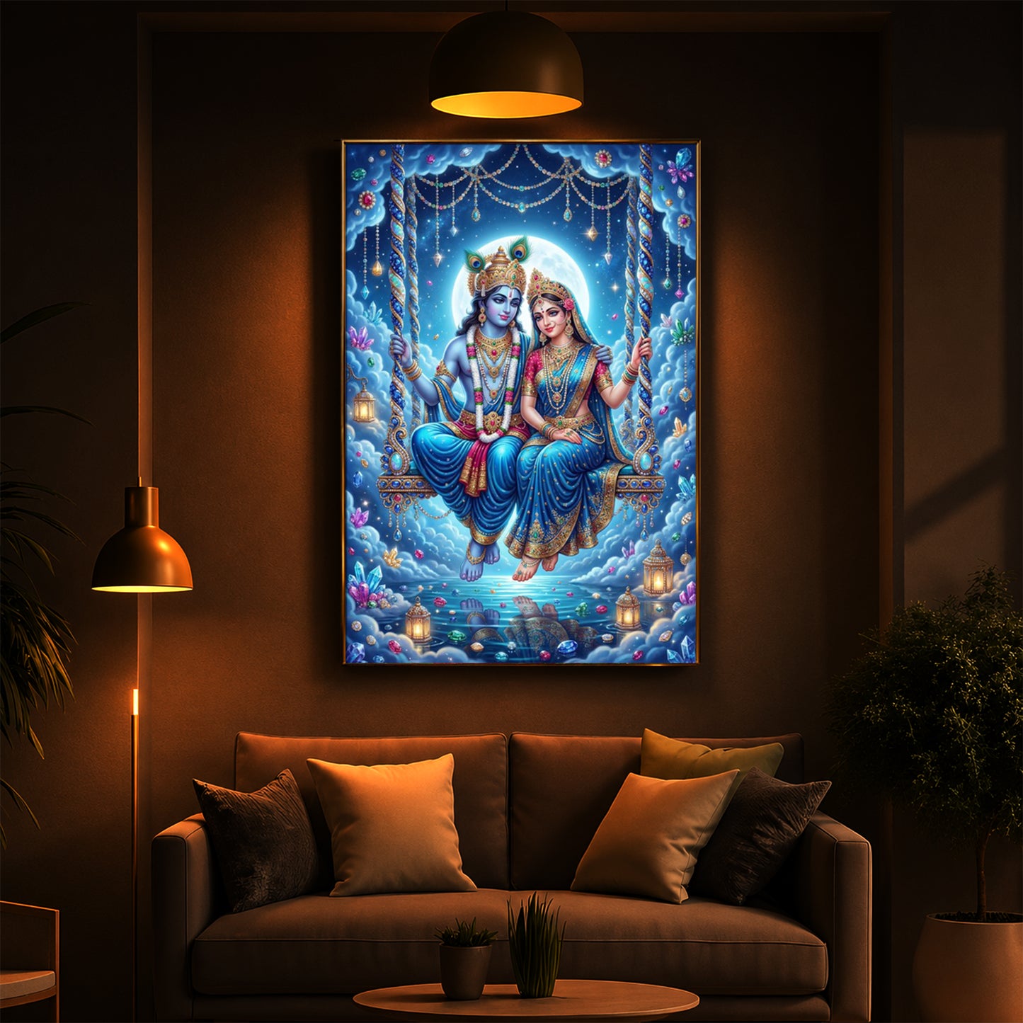 Hindu Deities Radha Krishna Modern Luxury Backlight Vertical Wall Art
