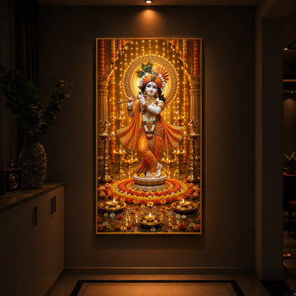 Beautiful Divine Krishna With Flute Modern Luxury Backlight Vertical Wall Art