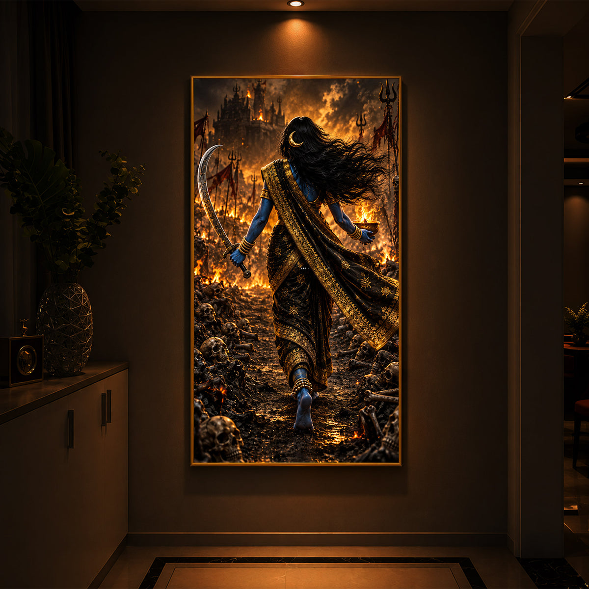 Maa Kalaratri Bhadrakali Modern Luxury Backlight Vertical Wall Art