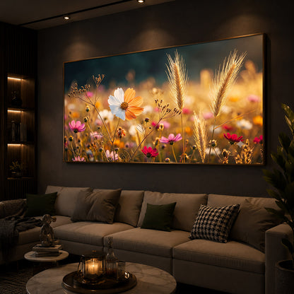 Golden Wildflower Meadow Modern Luxury Backlight Horizontal Wall Art