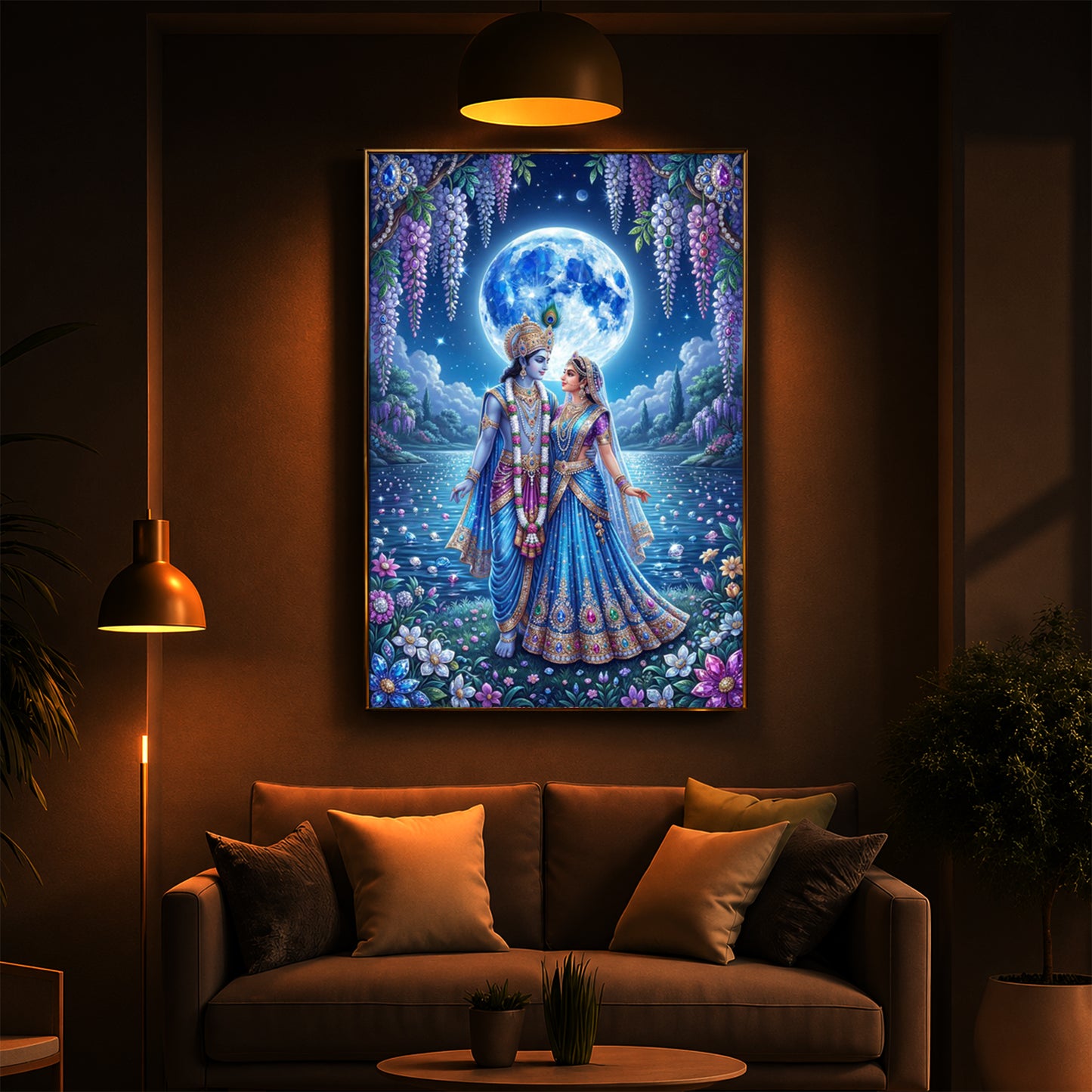 Radha & Krishna Standing Together Modern Luxury Backlight Vertical Wall Art
