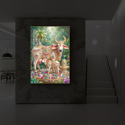 Kamadhenu Cow With Shiv Ji Modern Luxury Backlight Vertical Wall Art