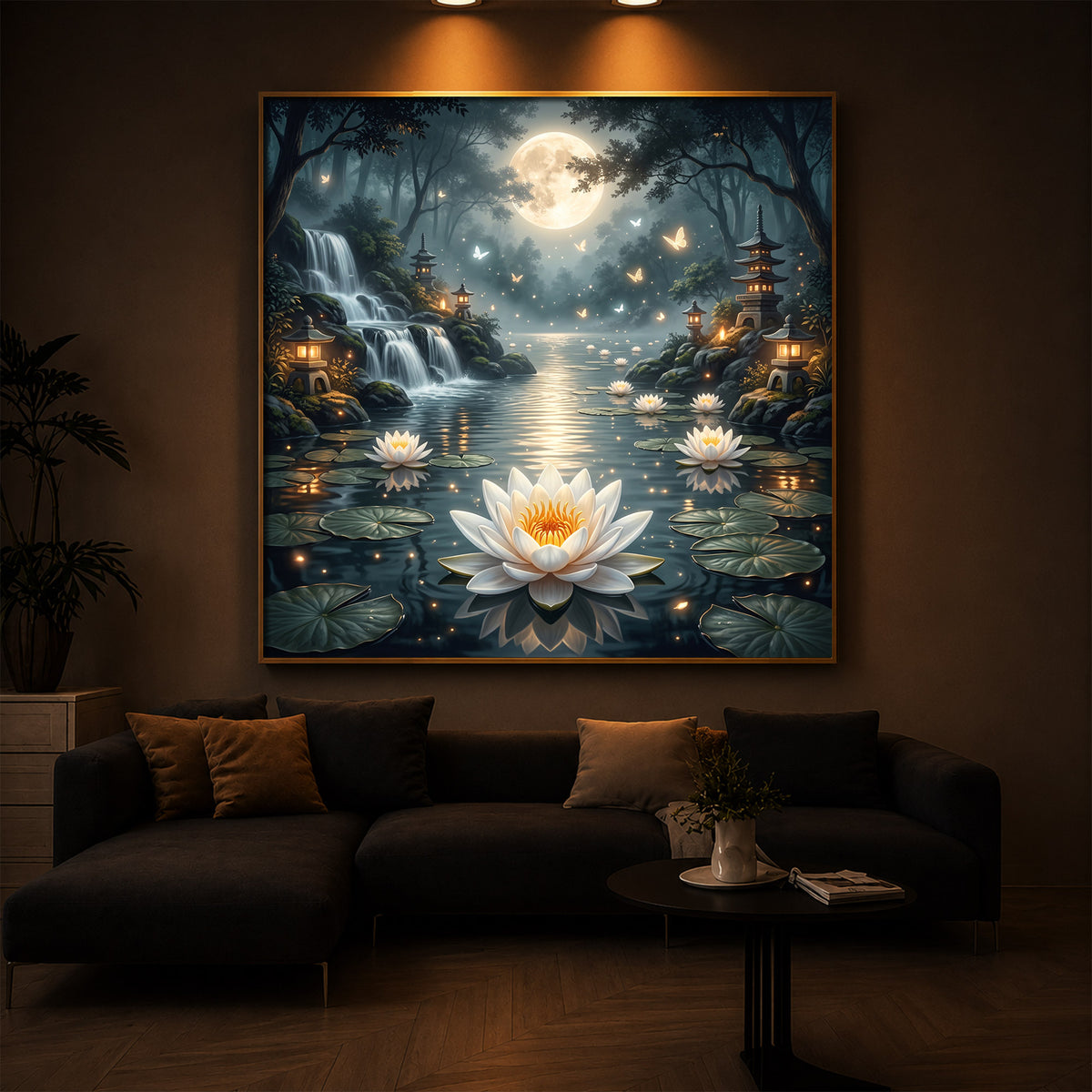 Moonlit Zen Lotus Pond Modern Luxury Backlight Square Wall Art