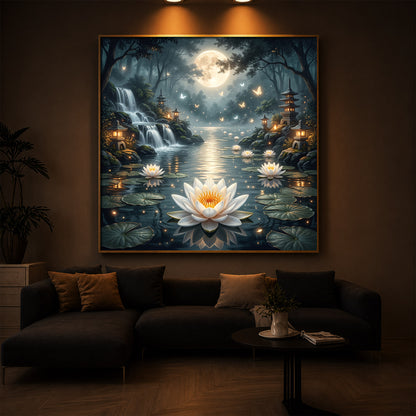 Moonlit Zen Lotus Pond Modern Luxury Backlight Square Wall Art