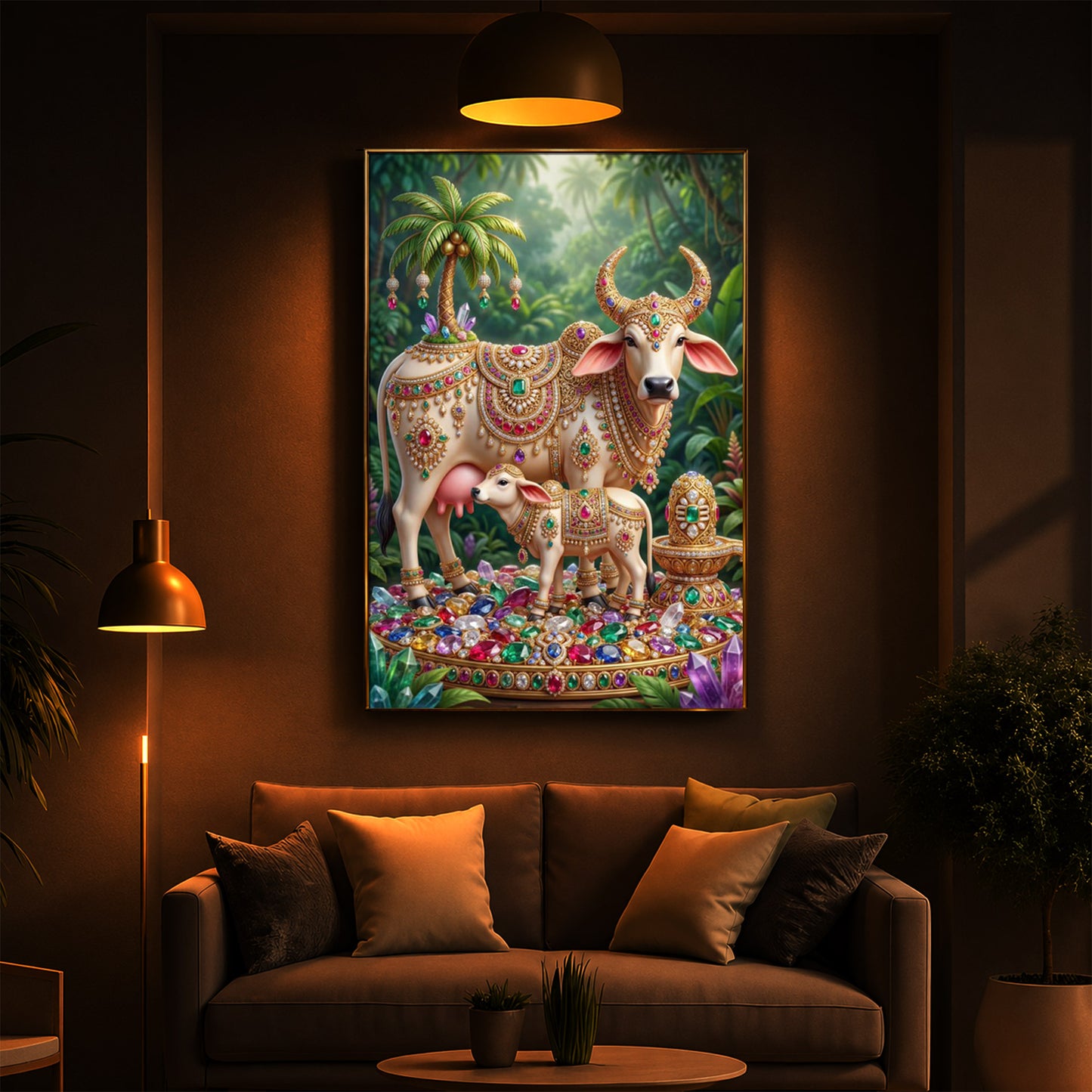 Kamadhenu Cow With Shiv Ji Modern Luxury Backlight Vertical Wall Art