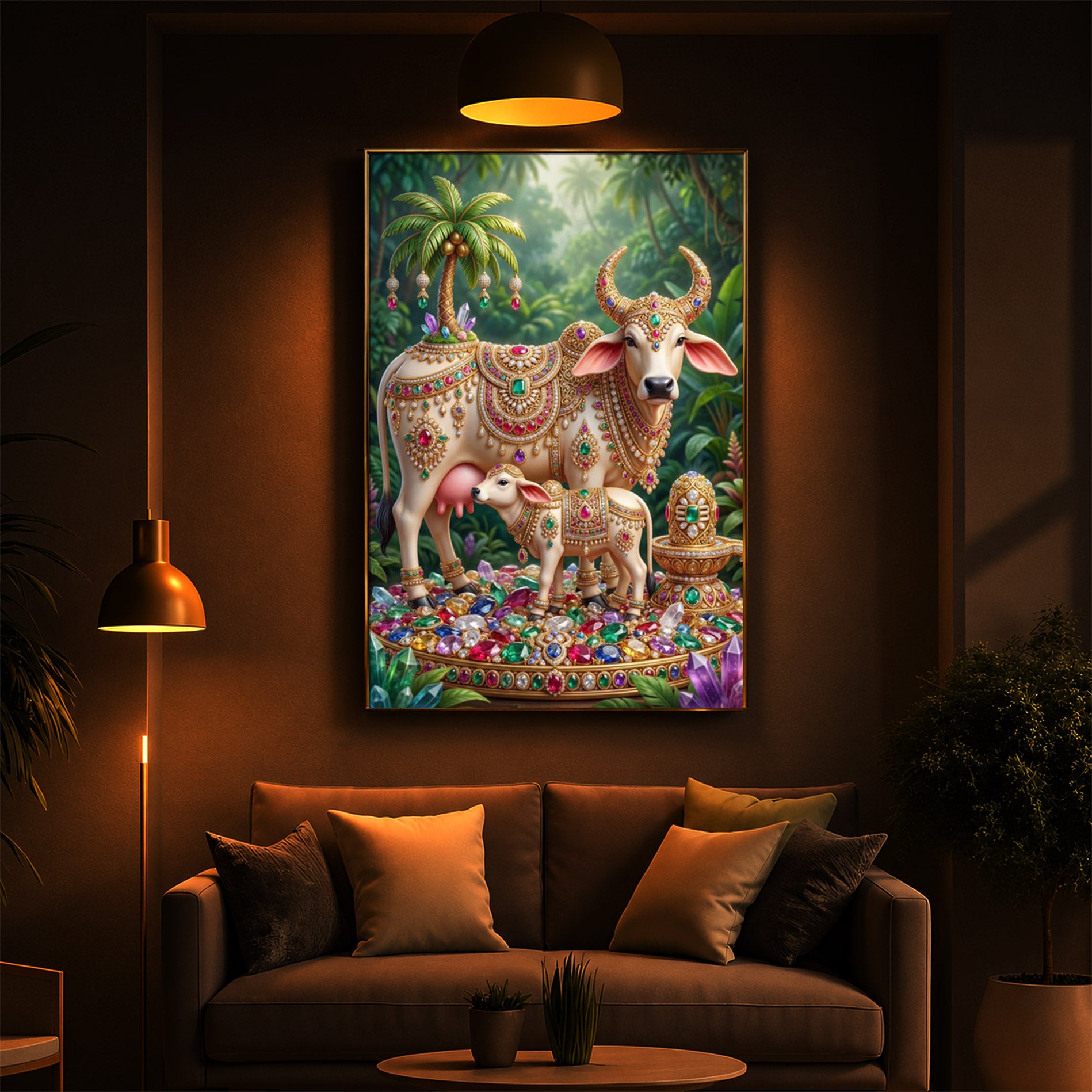 Kamadhenu Cow With Shiv Ji Modern Luxury Backlight Vertical Wall Art