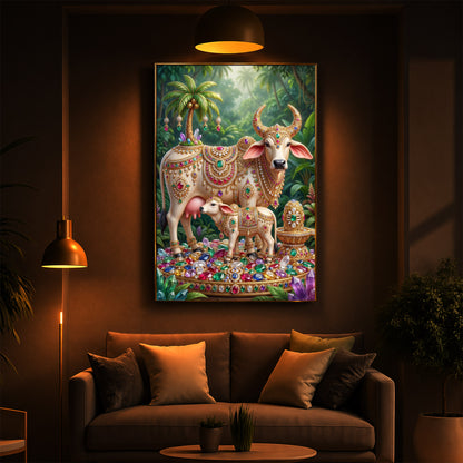 Kamadhenu Cow With Shiv Ji Modern Luxury Backlight Vertical Wall Art