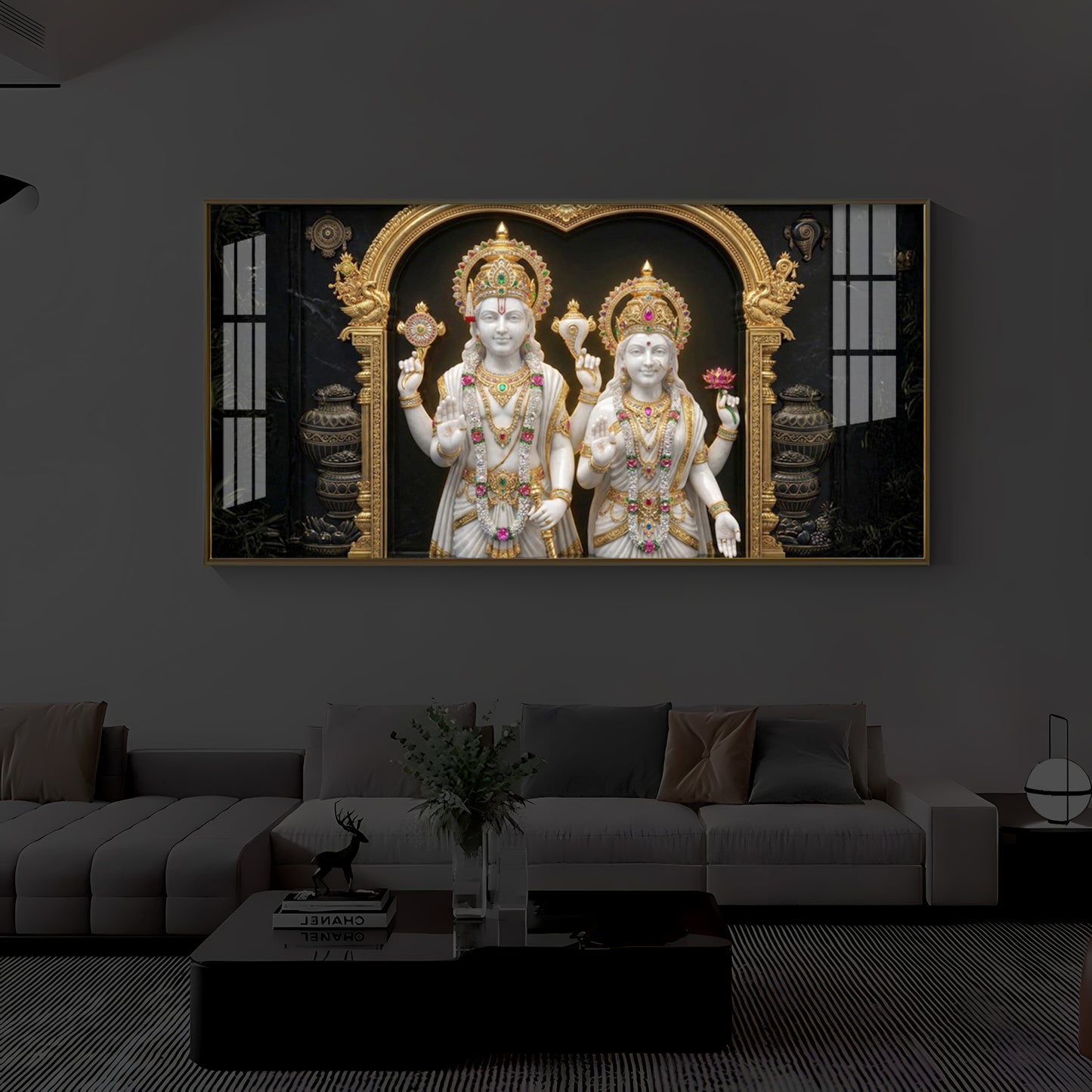 Lord Vishnu & Goddess Lakshmi Modern Luxury Backlight Horizontal Wall Art