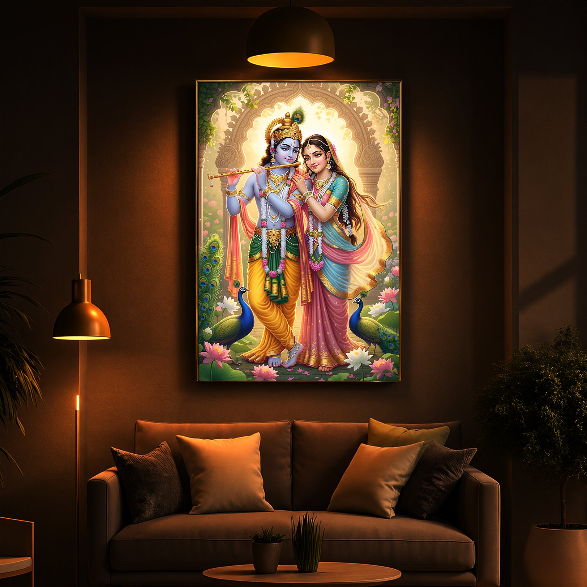 Loving Shri Radhe Krishna Modern Luxury Backlight Vertical Wall Art