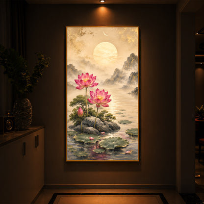 Serene Pink Lotus Landscape Modern Luxury Backlight Vertical Wall Art