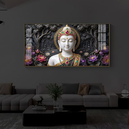 Lotus Serenity Lord Buddha Modern Luxury Backlight Horizontal Wall Art