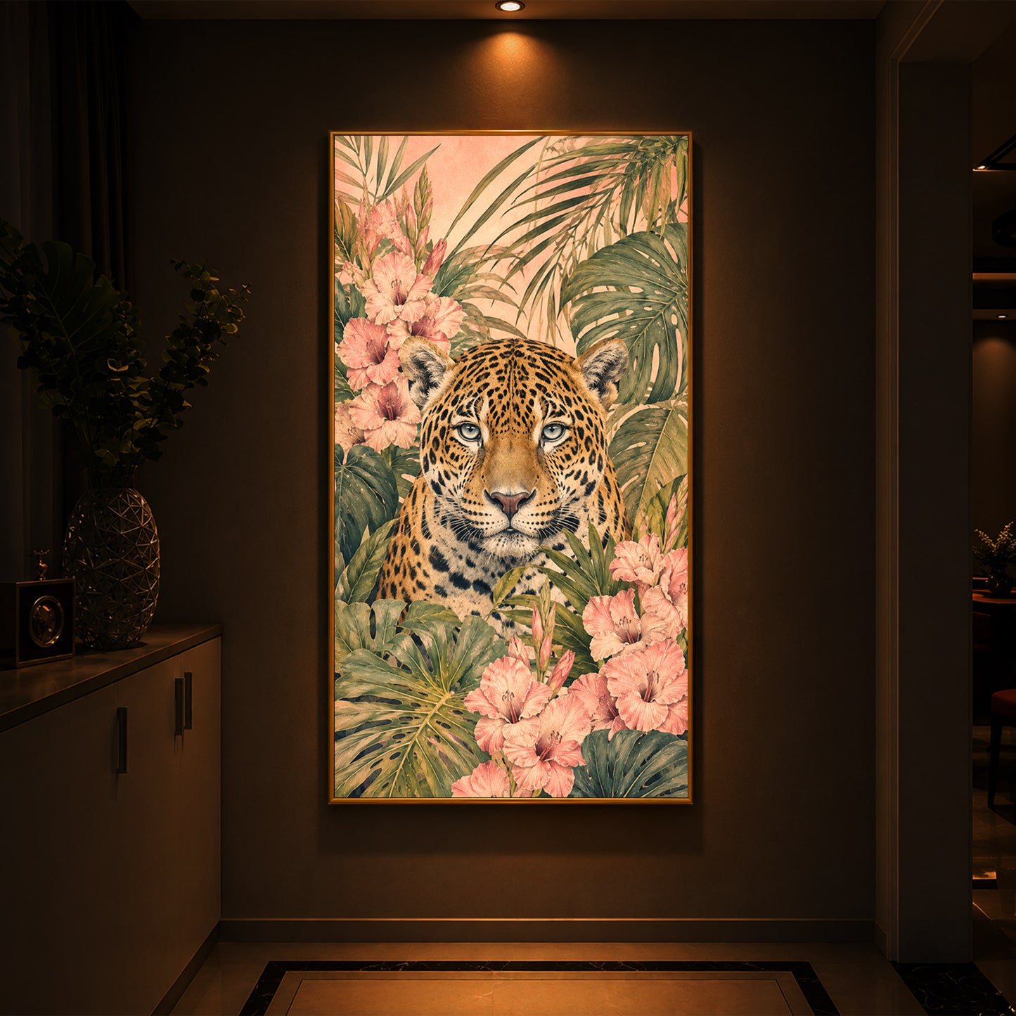 Tropical Jaguar & Flora Modern Luxury Backlight Vertical Wall Art