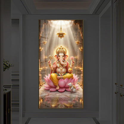 Lord Ganesh Ji On Lotus Modern Luxury Backlight Vertical Wall Art