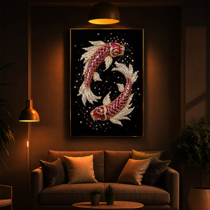 Koi Fish In Ruby Diamond Modern Luxury Backlight Vertical Wall Art