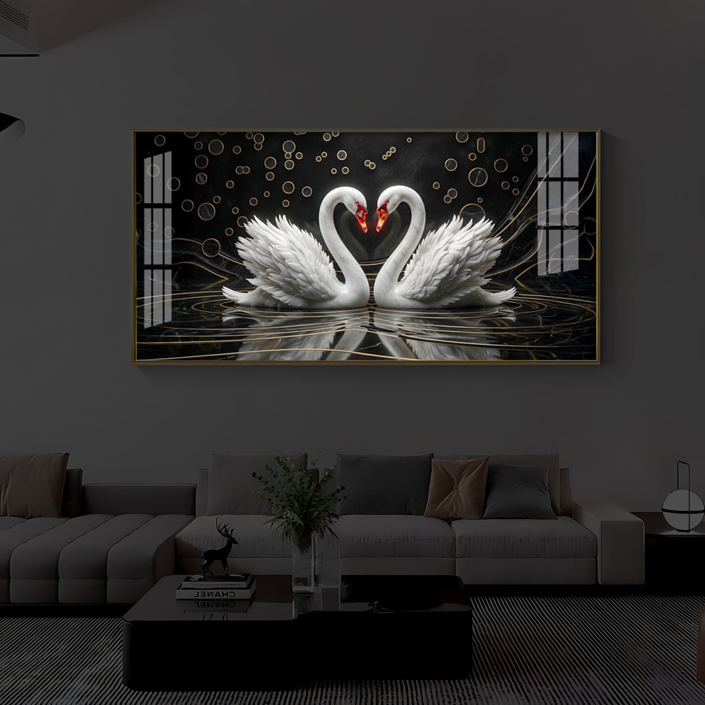 Two White Swans Forming A Heart Modern Luxury Backlight Horizontal Wall Art