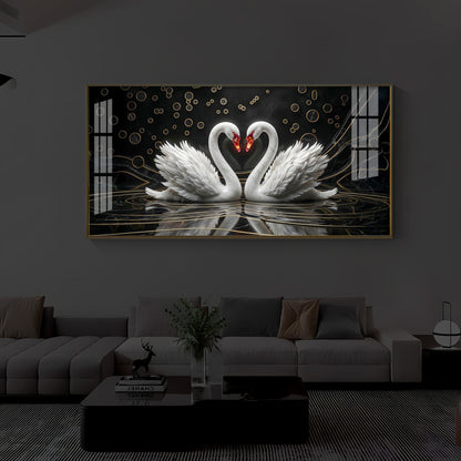 Two White Swans Forming A Heart Modern Luxury Backlight Horizontal Wall Art