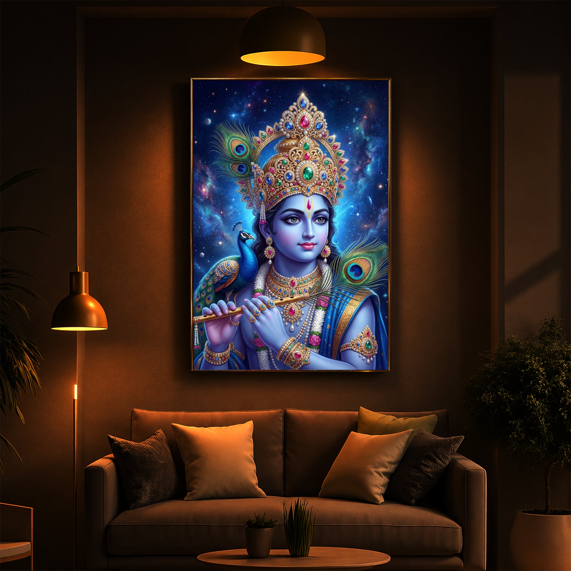 Hindu Deity Lord Krishna Modern Luxury Backlight Vertical Wall Art