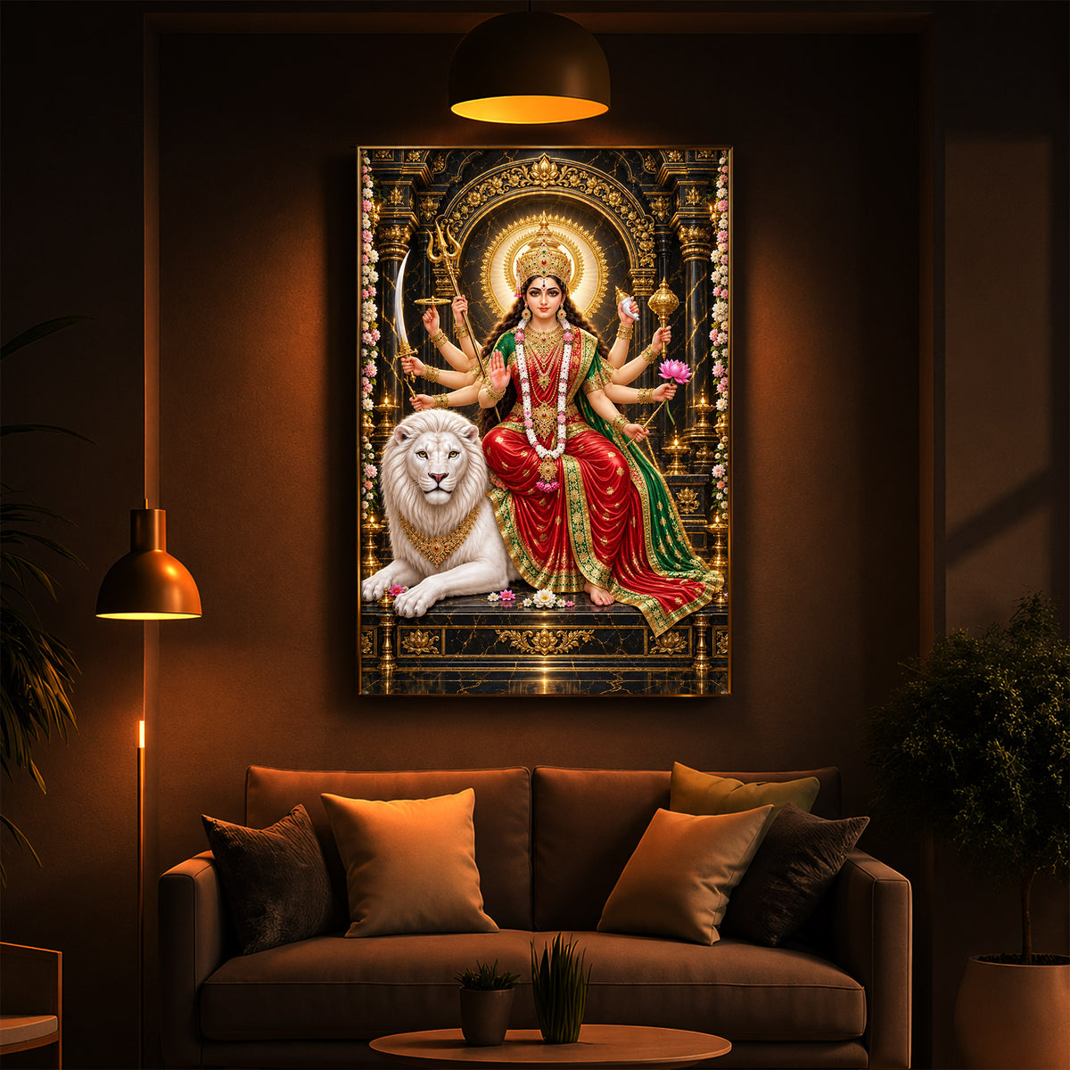 Maa Durga With White Lion Modern Luxury Backlight Vertical Wall Art