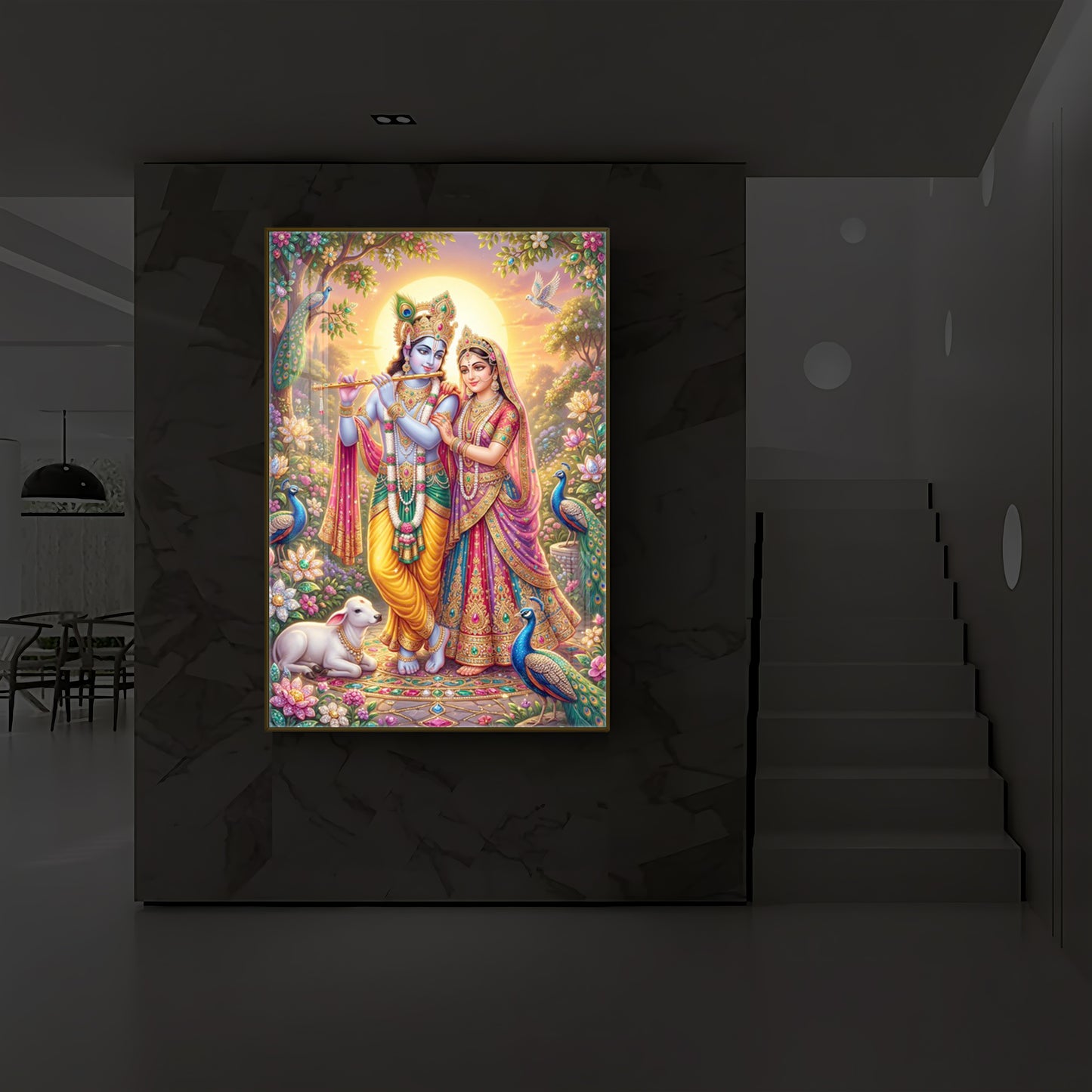 Radha Krishna Divine Harmony Modern Luxury Backlight Vertical Wall Art