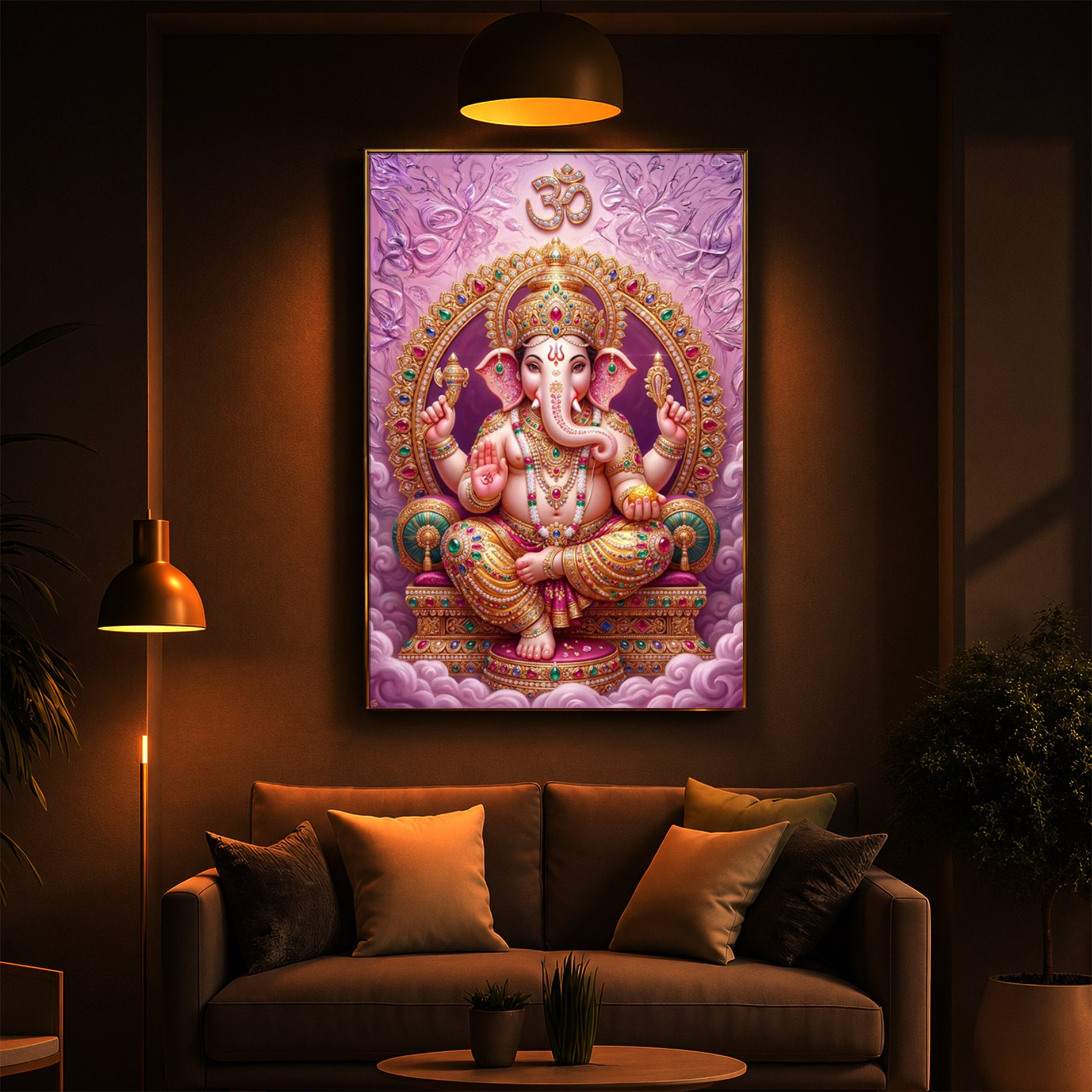 Vakratunda Mahakaya Ganesh Ji Modern Luxury Backlight Vertical Wall Art