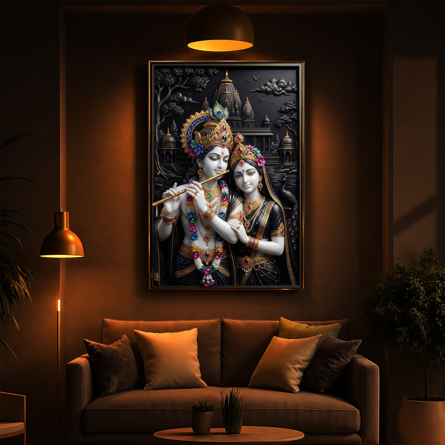 Radha Krishna With Floral Garlands Modern Luxury Backlight Vertical Wall Art