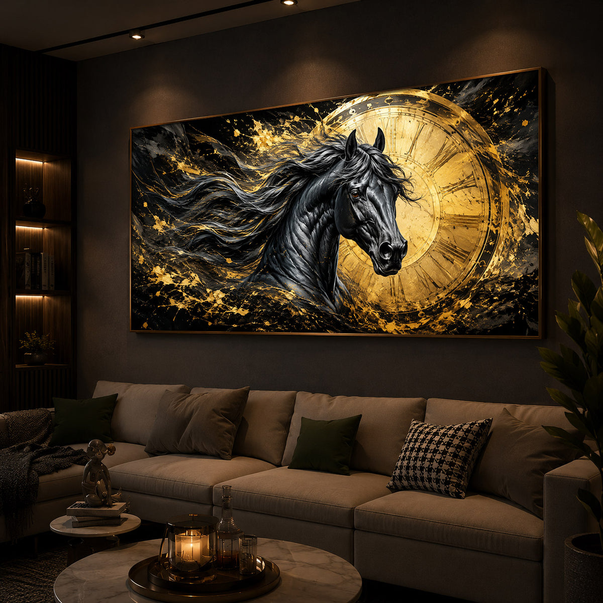 Abstract Black Horse Modern Luxury Backlight Horizontal Wall Art